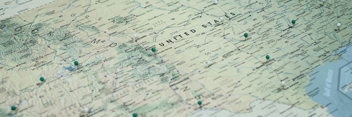 a map of the United States of America with pinpoints